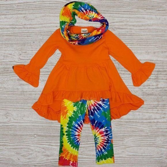 Orange Tunic Rainbow Tie Dye Leggings Scarf Set - Picture 1 of 5